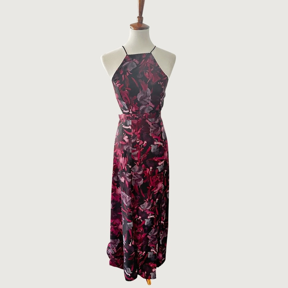 Fame and Partners Floral Halter Maxi Dress Size 2 Open Back Cut Out Burgundy Red